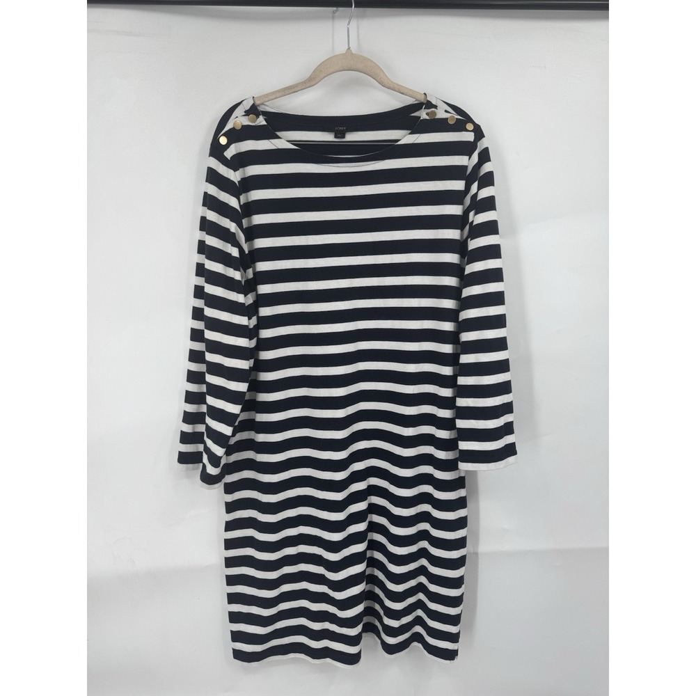 J. Crew Button Shoulder Striped Shift Dress Women L Black White Coastal Beach